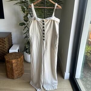 Linen Blend Wide Leg Jumpsuit Pant XL Button Front Boho White and Beige Resort